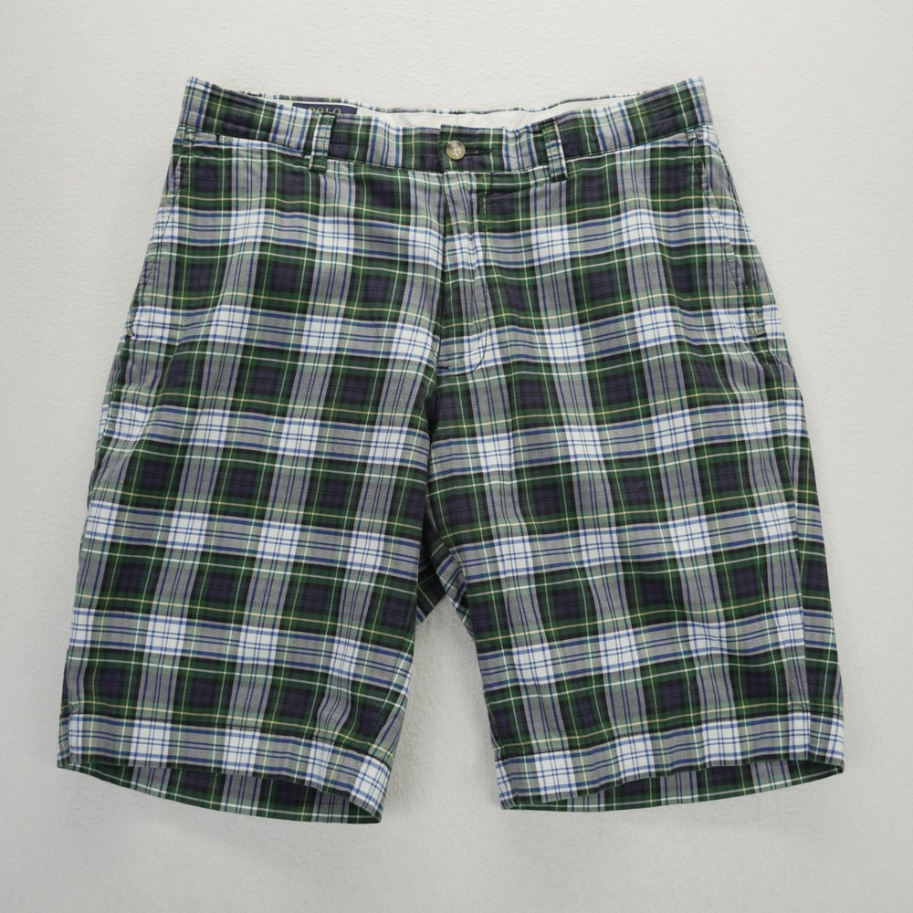 Polo Ralph Lauren Mens Green Navy Blue Plaid Cotton Chino Shorts Size 32